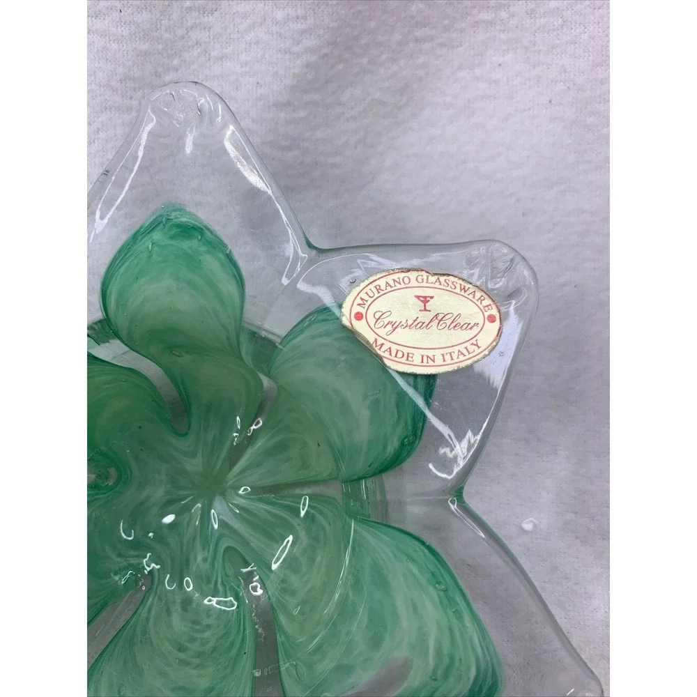 Murano Italy Art Glass‎ Flower Trinket Candy Dish Candle Holder, Green